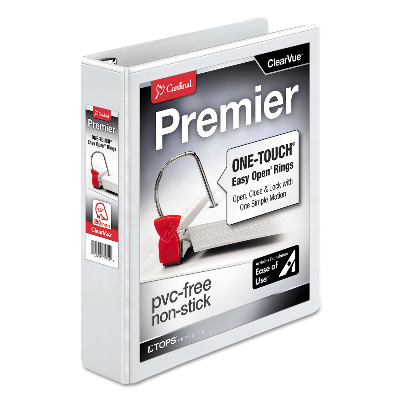 Cardinal Premier Easy Open ClearVue Locking Slant-D Ring Binder, 3 Rings, 1.5" Capacity, 11 x 8.5, White